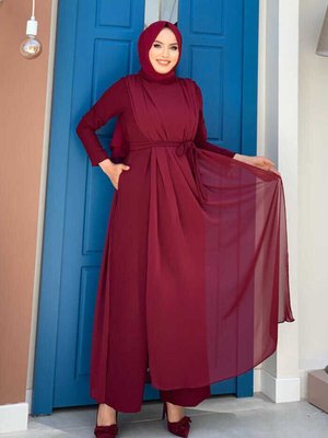 Şifon Pelerin Detay Bel Kuşaklı Tulum Bordo