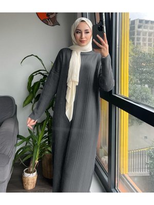 Oversize Bol Kesim Yarım Balıkçı Yaka Fitilli Triko Elbise Beden Arası