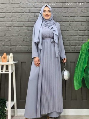 Piliseli Şifon Pelerin Detay Bel Kuşaklı Tulum Gri