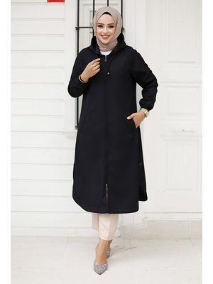 Siyah Fermuarlı Kolu Lastikli Trençkot