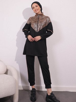 Uzun Kollu Fermuarlı Lame Leopar Garnili İkili Takım