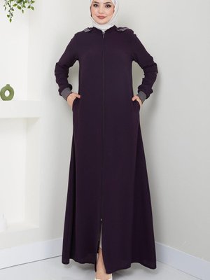 Kapüşonlu Ribanalı Ferace Mürdüm