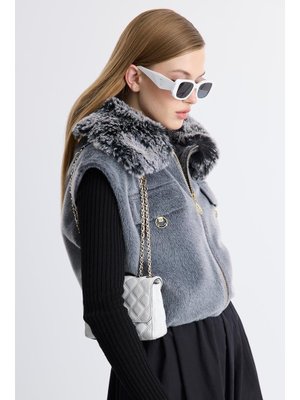 Gri Kürk Yaka Kaşe Kısa Yelek