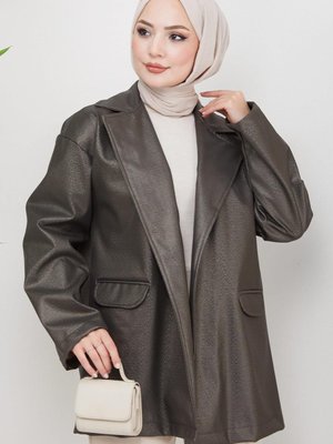 Sim Görünümlü Suni Deri Ceket Haki Sim Görünümlü Suni Deri Ceket Haki