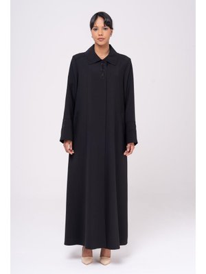 Siyah Gömlek Yaka İşleme Detaylı Astarlı Büyük Beden Pardesü
