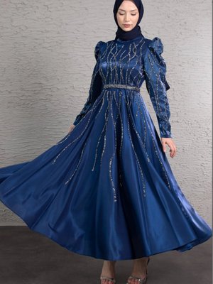 Renkli Dalgalı Minik Boncuk İşlemeli Abiye Elbise Lacivert