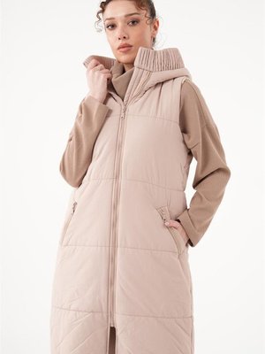 Fermuar Cepli Kapüşonlu Bej Yelek