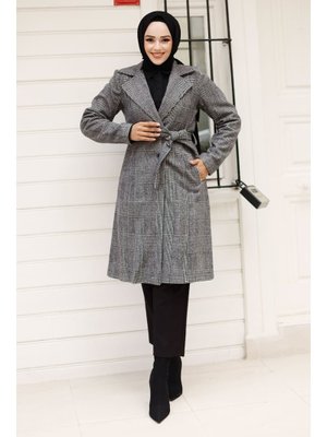 Siyah Beli Kuşaklı Çift Düğmeli Kaban Siyah Beli Kuşaklı Çift Düğmeli Kaban