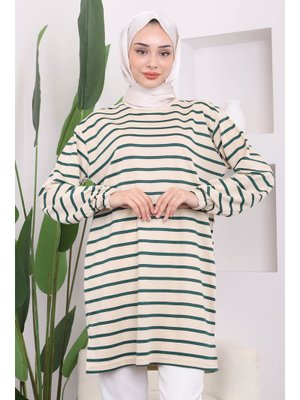 Zümrüt Yeşili Çizgili Bisiklet Yaka Tunik Zümrüt Yeşili Çizgili Bisiklet Yaka Tunik