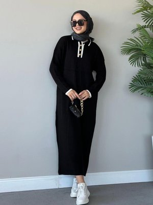 Önü Düğmeli Triko Elbise Siyah Önü Düğmeli Triko Elbise Siyah