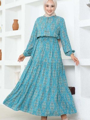 Bağcıklı Desenli Viskon Elbise Mavi