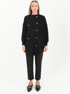 Siyah İki İplik Kumaş Örgü Detaylı Sweatshirt Siyah İki İplik Kumaş Örgü Detaylı Sweatshirt