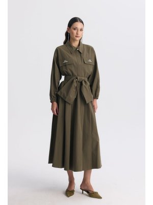 Haki Sara Cep Detay Kuşaklı Etek Takım