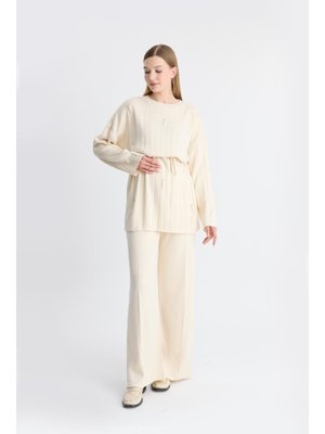 Krem Meysa İnci İşleme Triko Takım