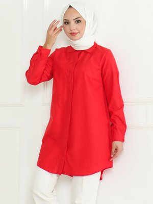 Kırmızı Terikoton Gizli Düğmeli Boyfriend Gömlek