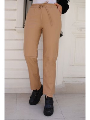 Taba Dizi Dikişli Beli Bağcıklı Ve Lastikli Deri Pantolon Taba Dizi Dikişli Beli Bağcıklı Ve Lastikli Deri Pantolon