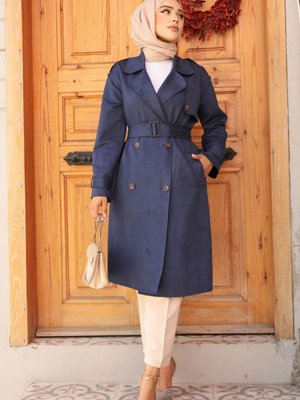 Kemerli Süet Lacivert Trençkot