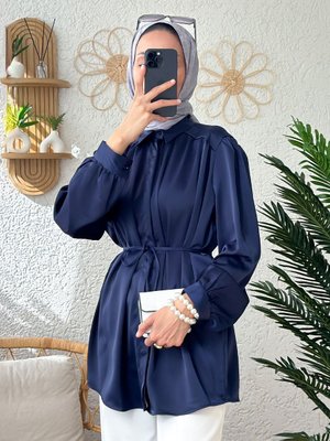 Omuz Büzgülü Saten Gömlek Lacivert