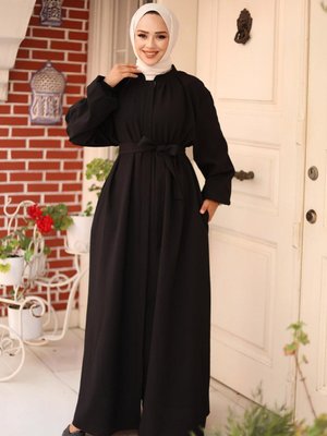 Siyah Gizli Fermuarlı Kuşaklı Ferace Siyah Gizli Fermuarlı Kuşaklı Ferace