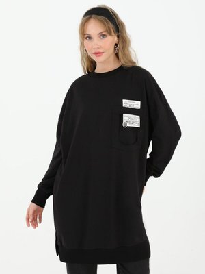 Siyah İki İplik Kumaş Cep Ve Yazı Detaylı Sweatshirt Siyah İki İplik Kumaş Cep Ve Yazı Detaylı Sweatshirt