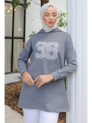 Koyu Gri Kapüşonlu Baskılı Tunik Koyu Gri Kapüşonlu Baskılı Tunik