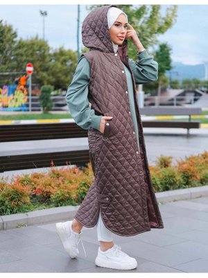 Kapüşonlu Yırtmaç Detaylı Uzun Dolum Yelek