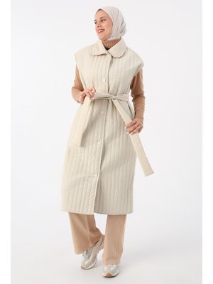 Bej Oversize Çıtçıtlı Dikey Çizgi Uzun Kapitone Yelek