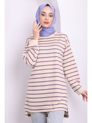 Mürdüm Yanları Yırtmaçlı Çizgili Tunik Mürdüm Yanları Yırtmaçlı Çizgili Tunik