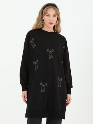 Siyah İki İplik Kumaş Taş Baskılı Sweatshirt