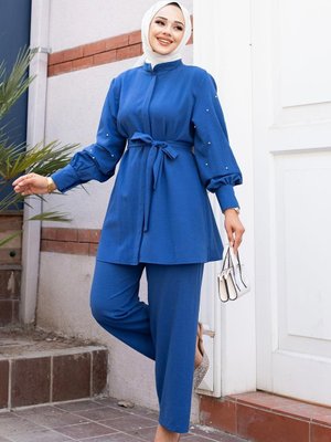 İndigo İnci Kol Detaylı Takım