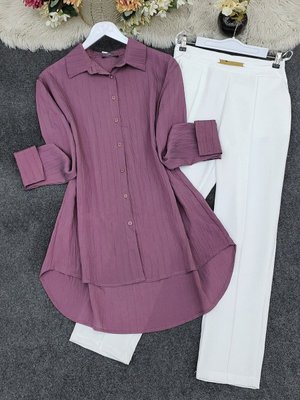 Çizgi Desenli Arkası Uzun Düğmeli Gömlek