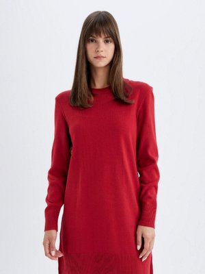 Kırmızı Regular Fit Bisiklet Yaka Yandan Yırtmaçlı Basic Düz Kazak Tunik H3431az24au