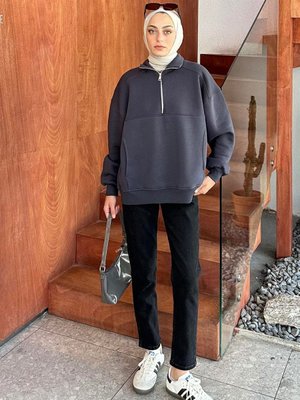 Ön Yarım Fermuar Detaylı Sweat