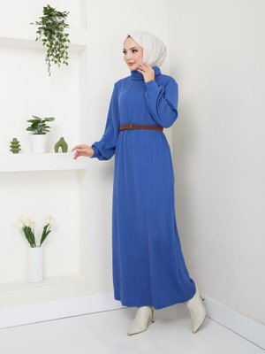 Mavi Kemerli Balıkçı Yaka Elbise Mavi Kemerli Balıkçı Yaka Elbise