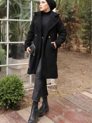 Fleto Cepli Peluş Mont Siyah Fleto Cepli Peluş Mont Siyah