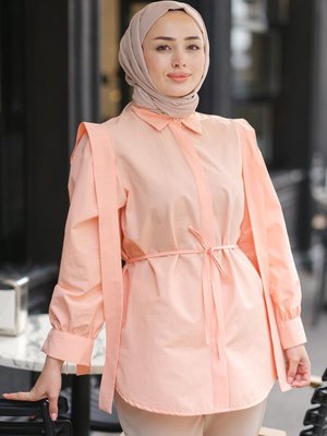 Pile Detay Önü Gizli Düğmeli Gömlek Somon Pile Detay Önü Gizli Düğmeli Gömlek Somon