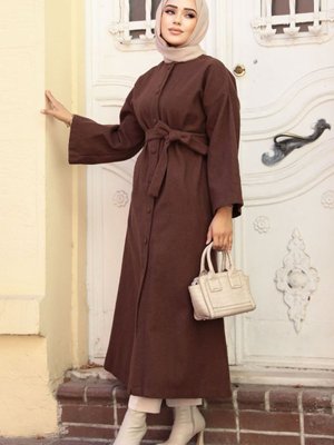 Kemerli Kahverengi Kaşe Kaban