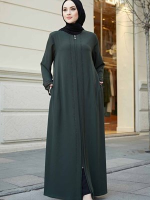 Büyük Beden Kolları Dantelli Koldan Detaylı Lazer Taşlı Krep Kumaş Ferace