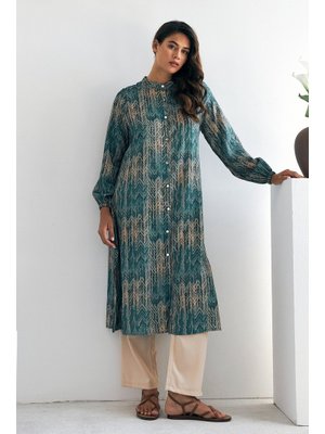 Mint Desenli Uzun Tunik Pantolon Takım Mint Desenli Uzun Tunik Pantolon Takım