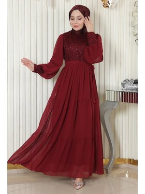 Bordo Pulpayetli Şifon Abiye Elbise Bordo Pulpayetli Şifon Abiye Elbise