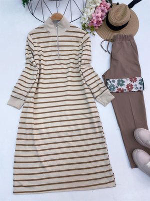 Fermuar Detaylı Çizgili Tunik