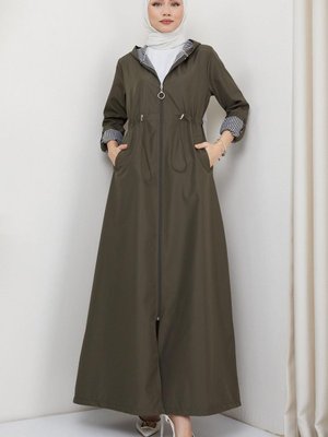 Kapüşonlu Çizgili Uzun Trençkot Haki Kapüşonlu Çizgili Uzun Trençkot Haki