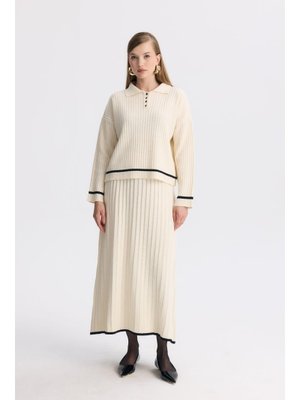 Krem/siyah Lilly Kontrast Düğme Detay Etek Takım