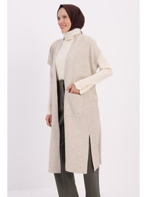 Taş Cepli Uzun Triko Yelek