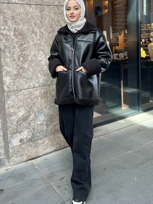 Geniş Yakalı Deri Biker Mont Siyah Geniş Yakalı Deri Biker Mont Siyah