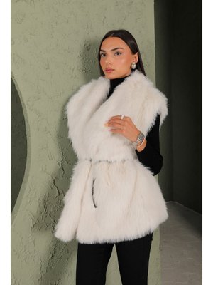 Ekru Kemerli Kürk Yelek