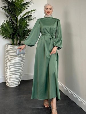 Dimitra Balon Kol Saten Elbise Mint Dimitra Balon Kol Saten Elbise Mint