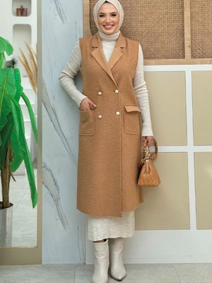 Önü Düğmeli Cep Detaylı Uzun Yelek Taba