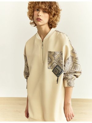 Bilekleri Lastik Büzgülü Sweatshirt Krem