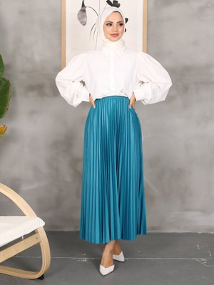 Petrol Deri Dik Pliseli Etek